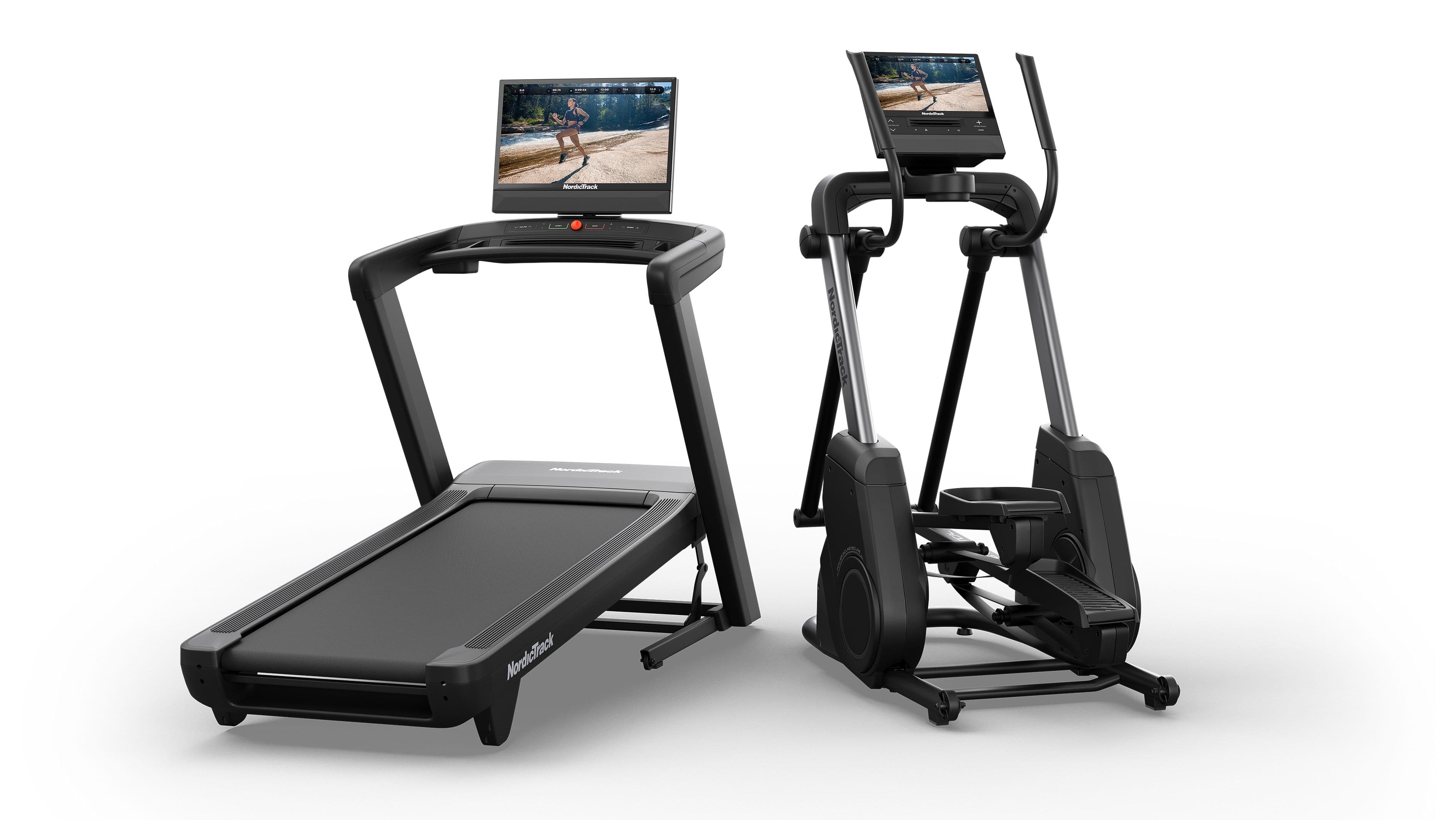 NordicTrack treadmill and elliptical trainer displayed side by side, each featuring an integrated touchscreen running an iFIT trainer-led workout — comparing two connected cardio machines for home use.